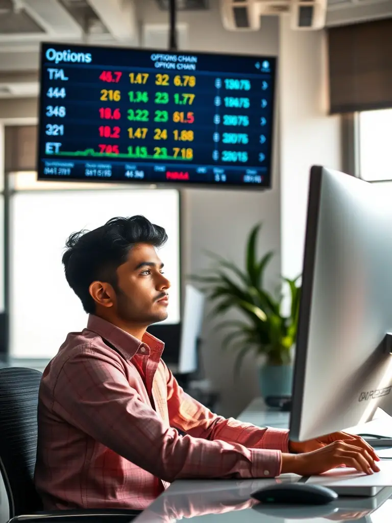 A focused trader analyzing options chain data on a computer screen, highlighting potential strike prices and expiry dates for informed decision-making in options trading.