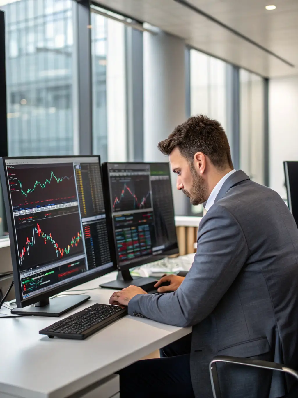 A trader using a multi-monitor setup to track various market indices and stock prices, showcasing the breadth of market data analysis for comprehensive investment calls.