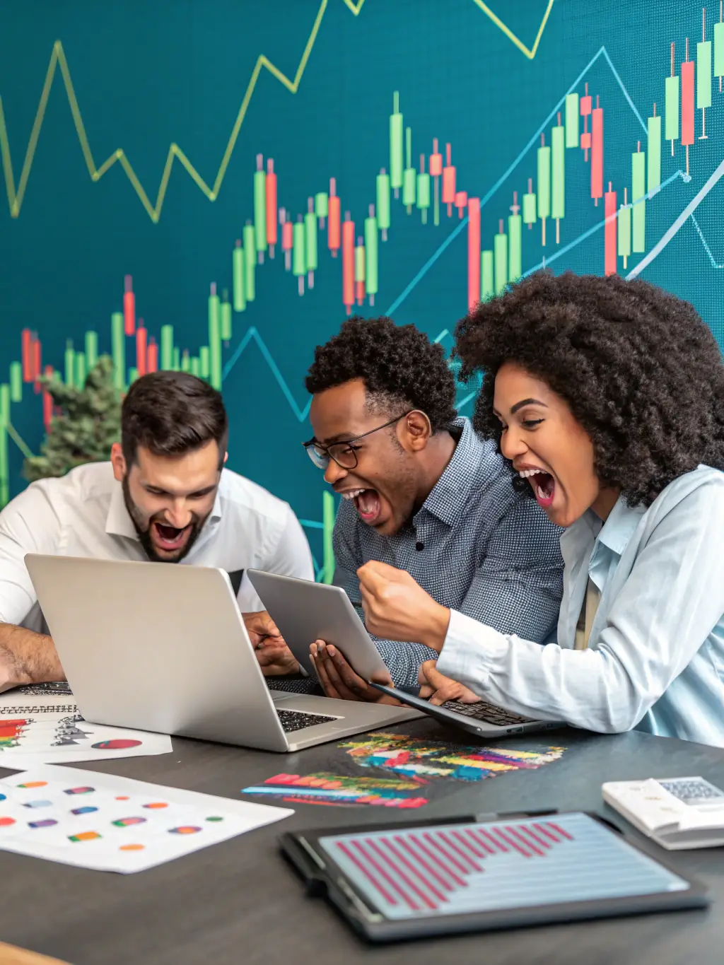 An image showcasing a supportive community of traders, with individuals collaborating, sharing insights, and learning from each other in a virtual or physical setting.