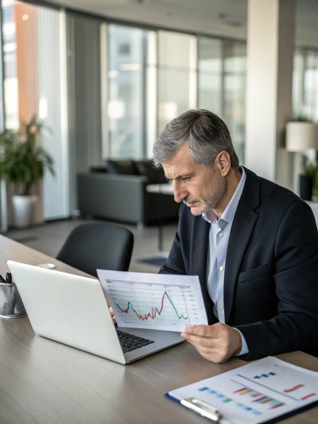 An investor reviewing a detailed research report on a tablet, highlighting key financial metrics and investment recommendations for long-term growth.